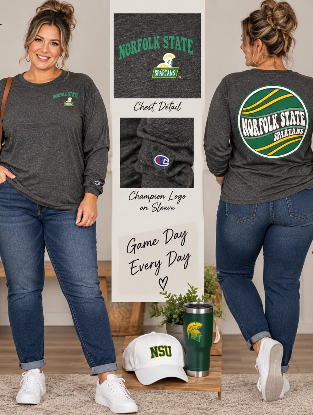 Champion Charcoal Long Sleeve Norfolk State Tee with Green Logo